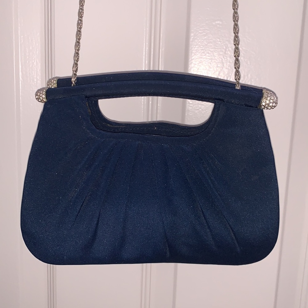 Dress navy blue elegant small fabric shoulder bag w silver chain